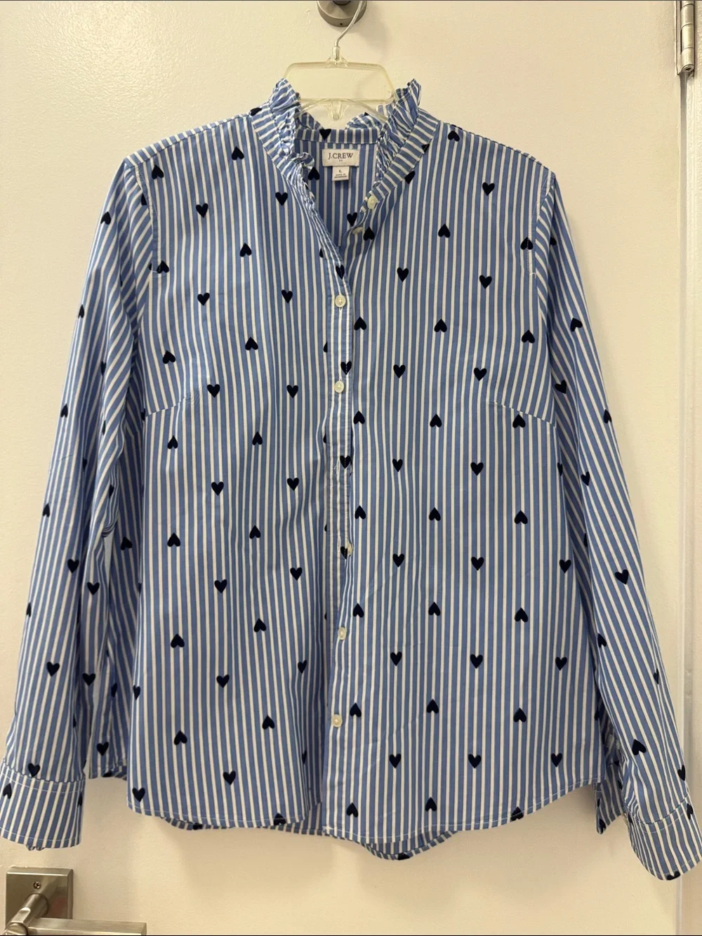 J. Crew Blue and White Striped Button-Down with Navy Heart Print
